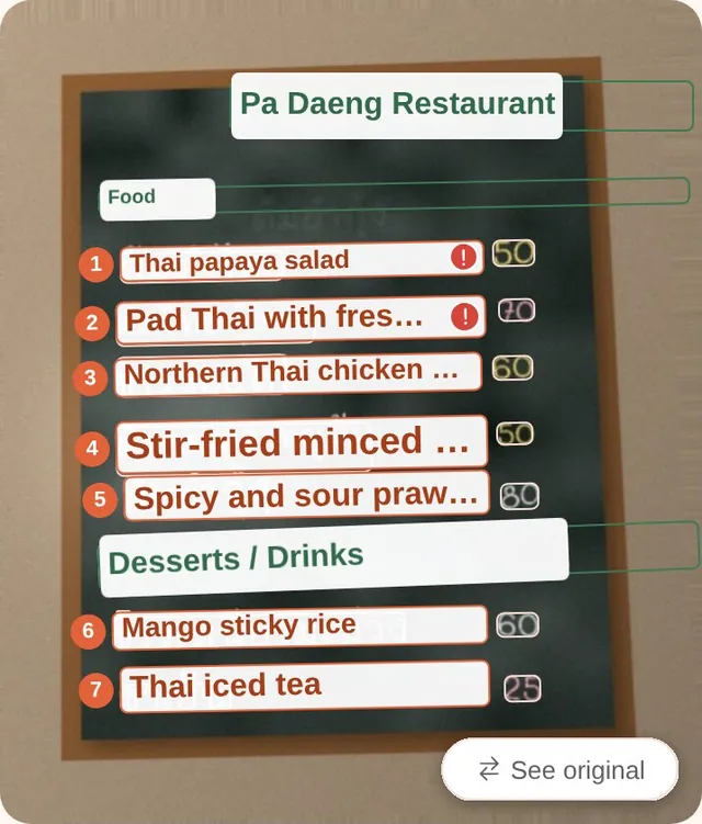 The translated photo: the restaurant name and sections (Food, Desserts / Drinks) translated, seven numbered dishes on their lines, a red dot on the two dishes that contain peanuts, and the “See original” button in the photo’s bottom-right corner.