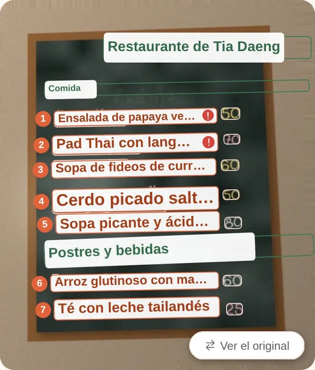 La foto traducida: el nombre del restaurante y las secciones (Comida, Postres y bebidas) traducidos, siete platos numerados sobre sus líneas, un punto rojo en los dos platos que llevan cacahuete, y el botón «Ver el original» en la esquina inferior derecha de la foto.