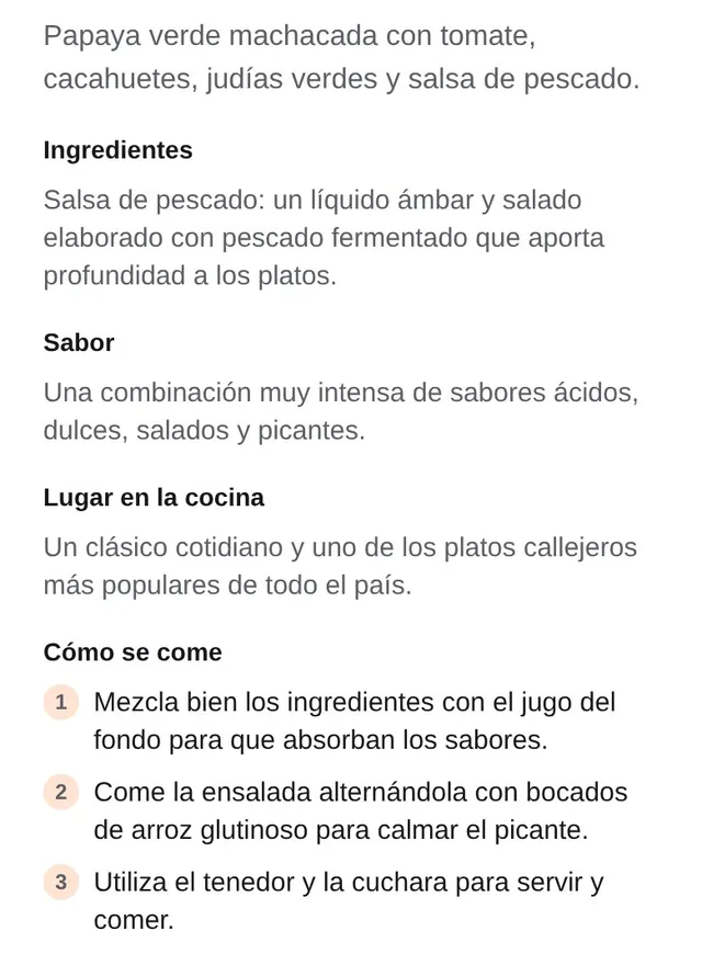 La ficha de la ensalada de papaya verde: ingredientes, sabor «muy intenso, ácido, dulce, salado y picante», lugar en la cocina y tres pasos de «Cómo se come».