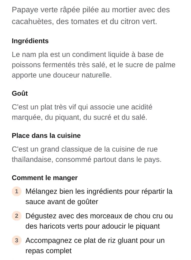 La fiche de la salade de papaye verte : ingrédients, goût « très vif, acidité marquée, piquant, sucré, salé », place dans la cuisine, et trois étapes « Comment le manger ».