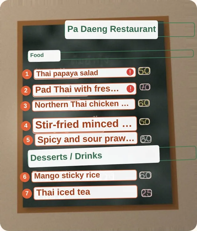 The same board in MenuNative: every dish numbered and translated in place (Thai papaya salad, Pad Thai with fresh prawns, Mango sticky rice…), the Thai script still visible around it.