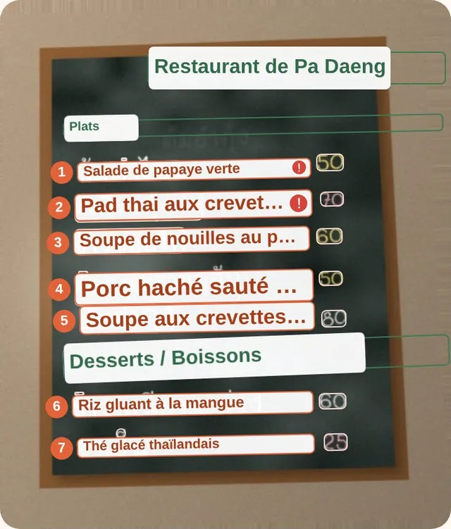La même ardoise dans MenuNative : chaque plat numéroté et traduit à sa place (salade de papaye verte, pad thai aux crevettes fraîches, riz gluant à la mangue…), l’écriture thaïe toujours visible autour.